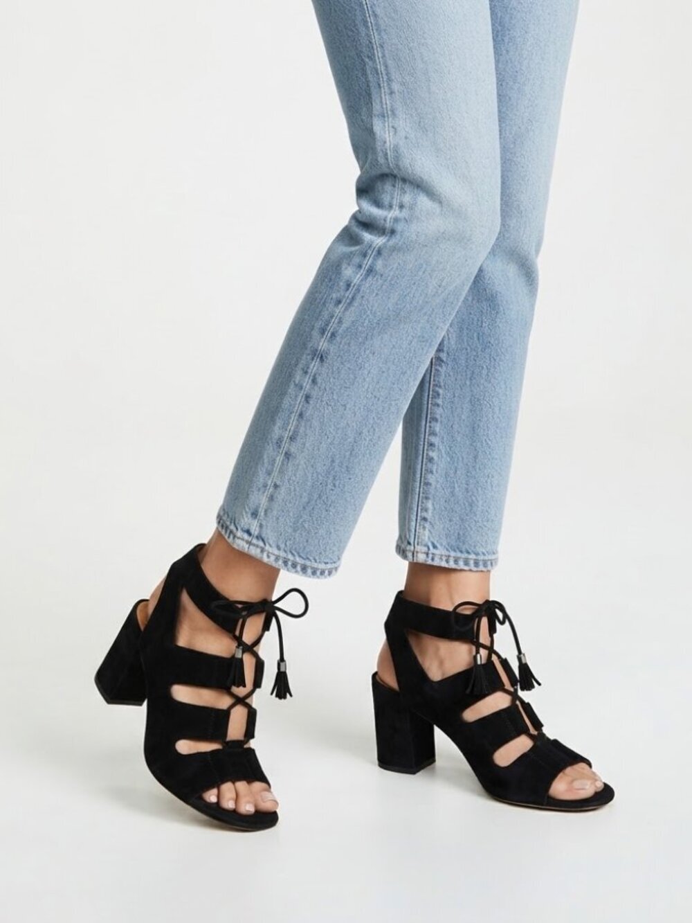 Antonio Melani Jessay Black Suede Leather Lace Up Block Heel Sandals Size 9.5